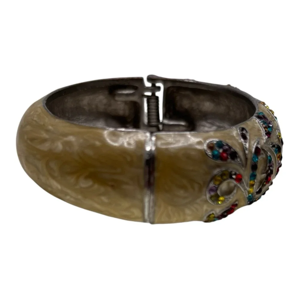 Vintage Rhinestone Bracelet Cream Marbled Enamel Hinged Clamper Art Nouveau READ